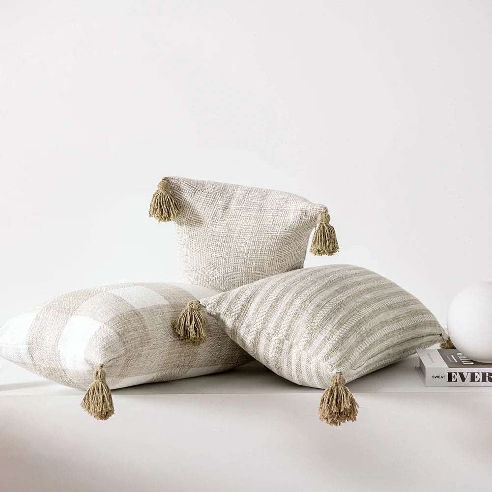 Traditional Beige & Checkered Decorative Cushion Covers with Tassel Detail - 2 Sizes Lilly & Lula