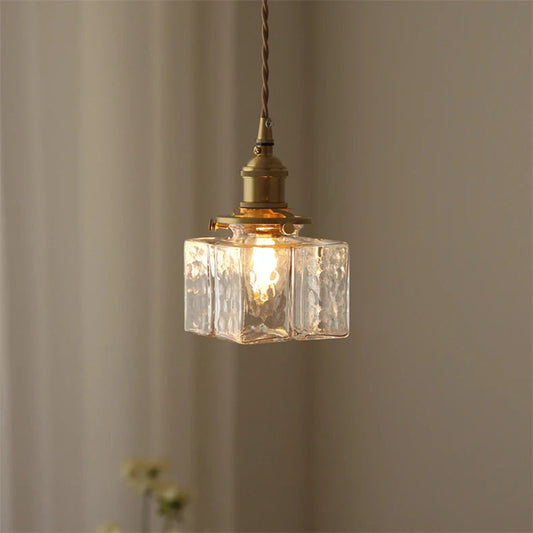 Traditional Hammered Square Glass Hanging Pendant Light - Clear & Amber Lilly & Lula