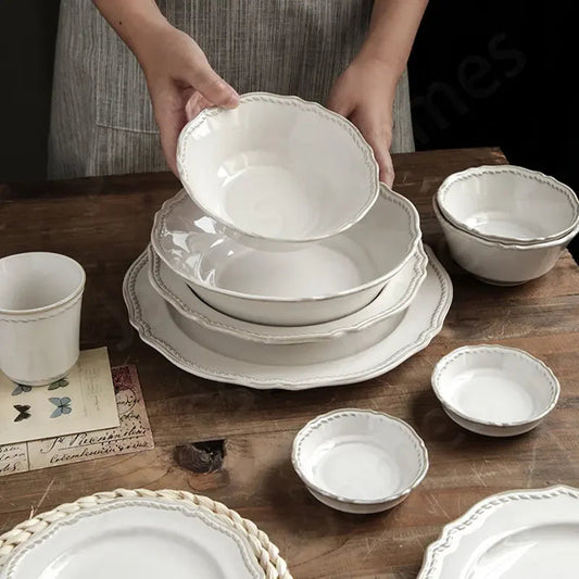 White Nordic Vintage Ceramic Dinner Plate, Bowl & Cup Set - 9 Sizes Lilly & Lula