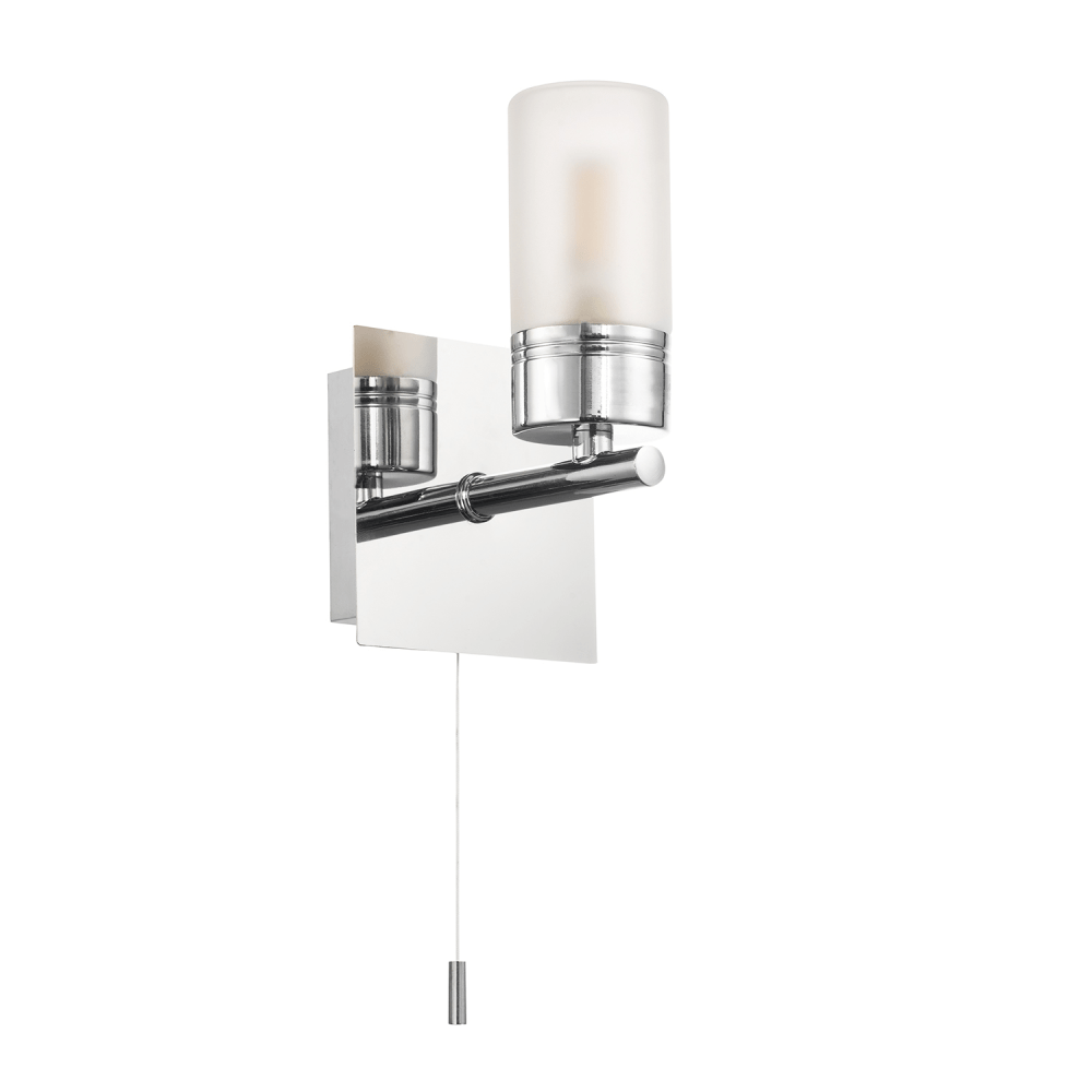 Modern Tubular Bathroom Wall Light with Glass Shade in Polished Chrome IP44 Rated