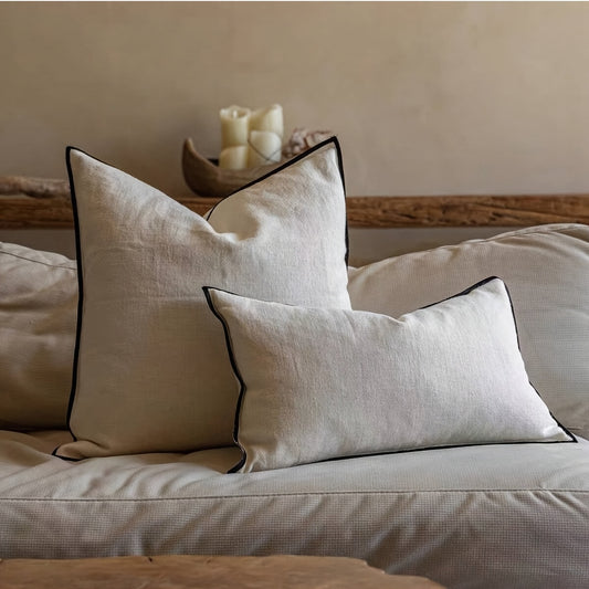 Soft Luxurious Imitation Linen White Cushion Cover with Black Piping