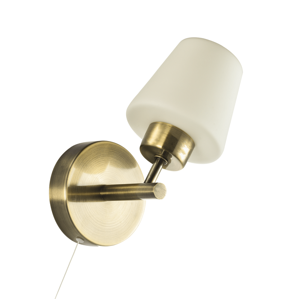 Modern Antique Brass & Opal Glass Bathroom Wall Light IP44 Rated