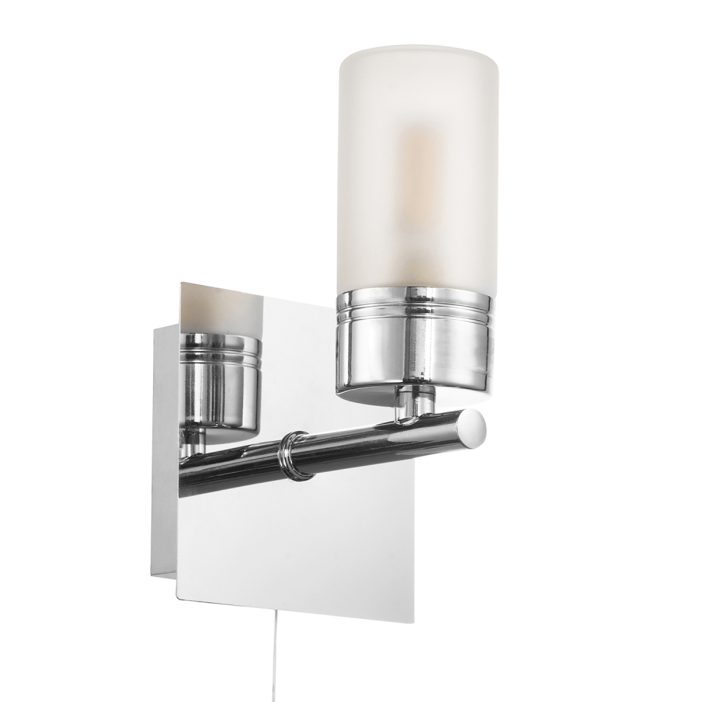 Modern Tubular Bathroom Wall Light with Glass Shade in Polished Chrome IP44 Rated