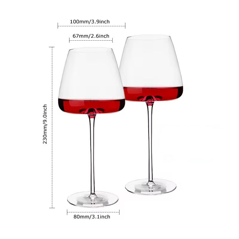 Two clear wine glasses with red wine inside, shown on a white background with dimension labels indicating 100mm/3.9inch height, 67mm/2.