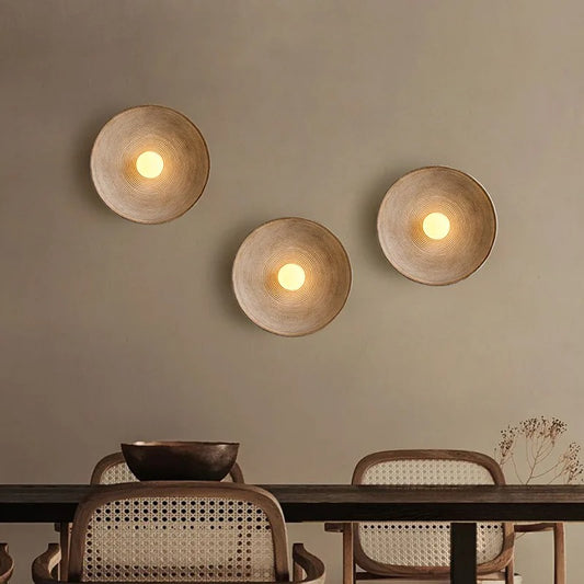 Greige Minimalist Natural Round Japandi Inspired Wall Sconce with Fine Ripples