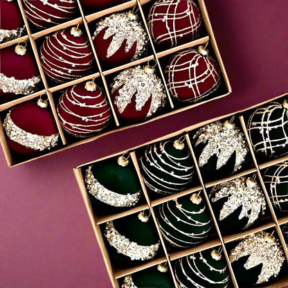 Set of 12 Velvet & Glitter Shatterproof Christmas Tree Baubles 6cm - Burgundy, Green & Cream