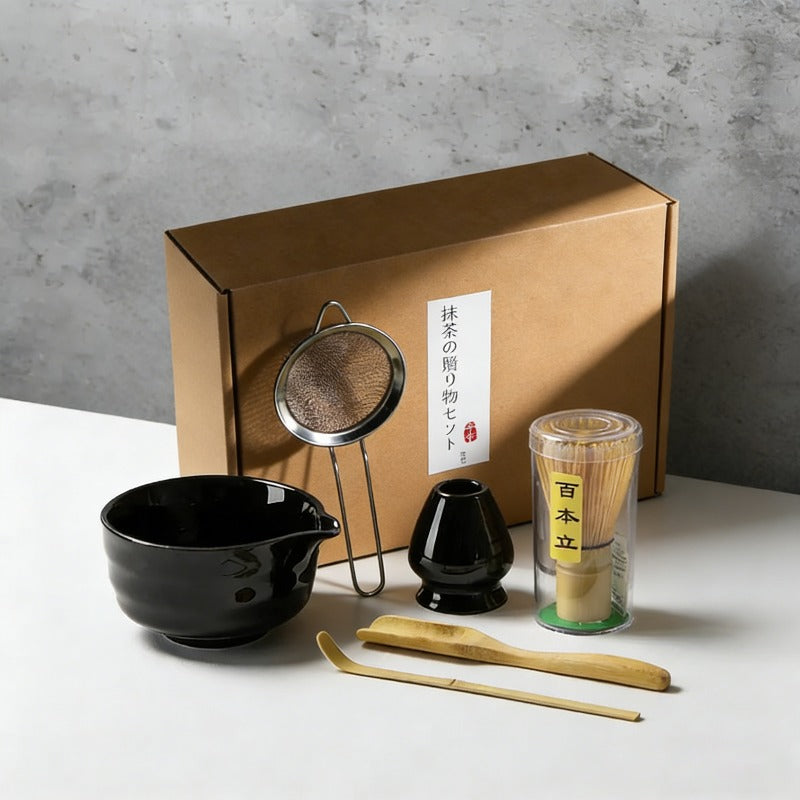 5-Piece Set Handmade Japanese Matcha Ceremony Gift Set - Sage, Green, White & Black Black Lilly & Lula