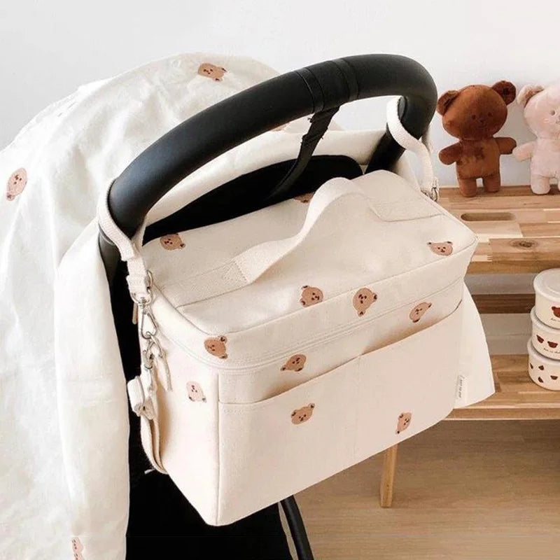 Large Waterproof Thermal White Embroidery Diaper & Cooler Stroller Bag - Bear, Olive & Tulip