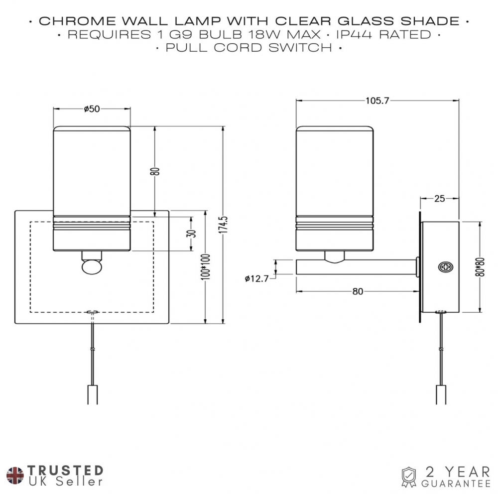 Modern Tubular Bathroom Wall Light with Glass Shade in Polished Chrome IP44 Rated
