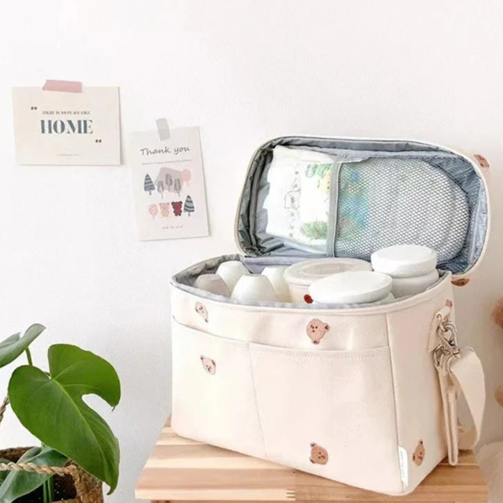 Large Waterproof Thermal White Embroidery Diaper & Cooler Stroller Bag - Bear, Olive & Tulip