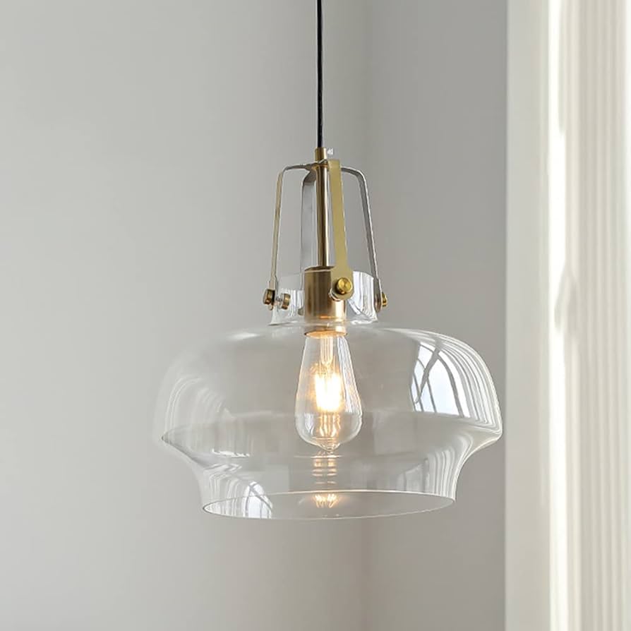 Postmodern Hanging Glass Pendant Light with Gold Details- Grey, Amber & Clear