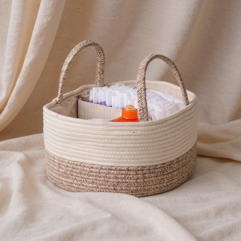 Woven basket with handles containing baby items on a beige fabric background