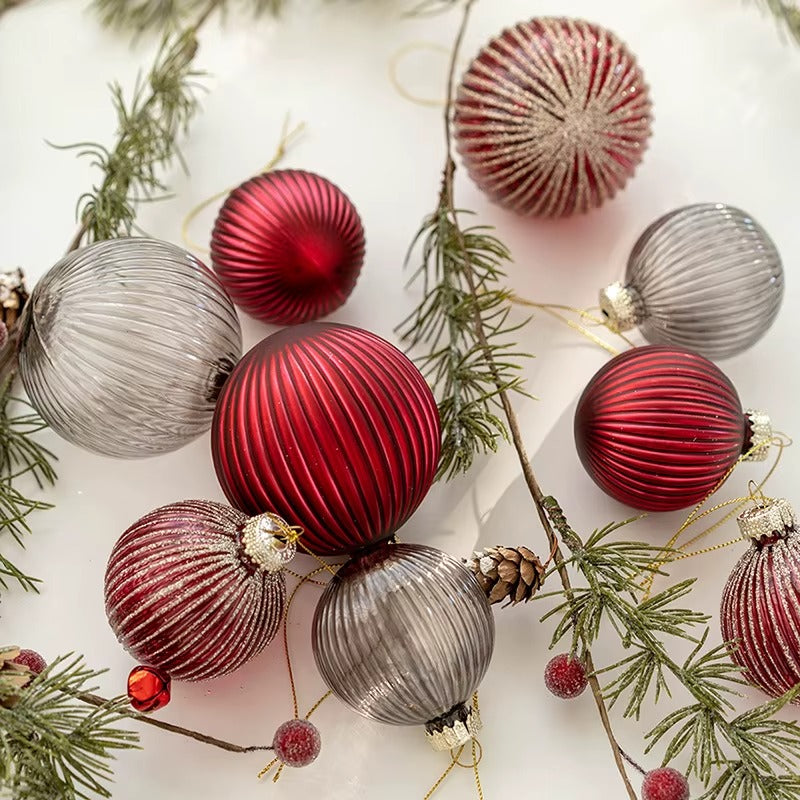 Set of 6 Luxurious Glass Christmas Tree Baubles 6cm - Burgundy, Champagne & Grey