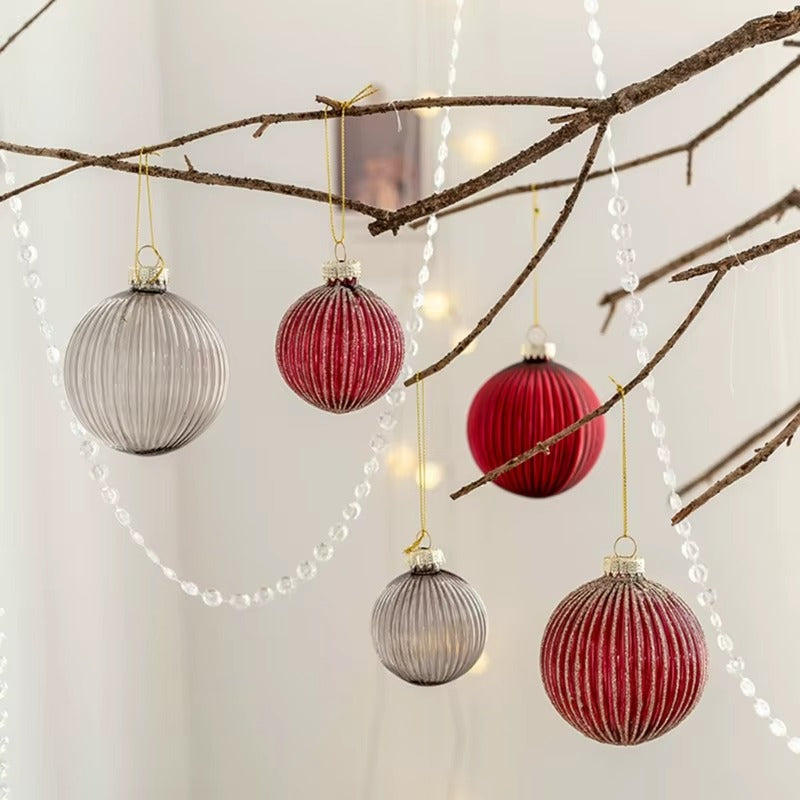 Set of 6 Luxurious Glass Christmas Tree Baubles 6cm - Burgundy, Champagne & Grey