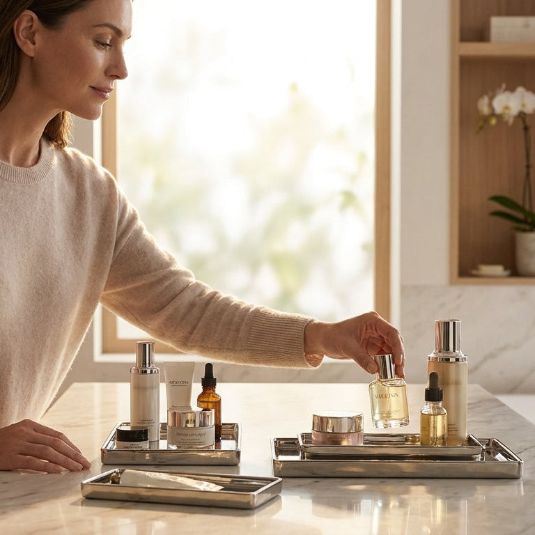 Woman in a beige sweater interacting with skincare products on a marble counter.