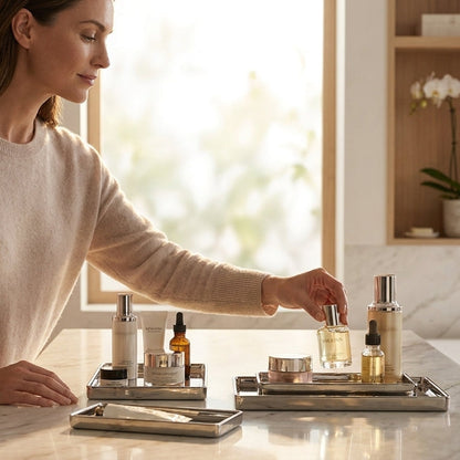 Woman in a beige sweater interacting with skincare products on a marble counter.