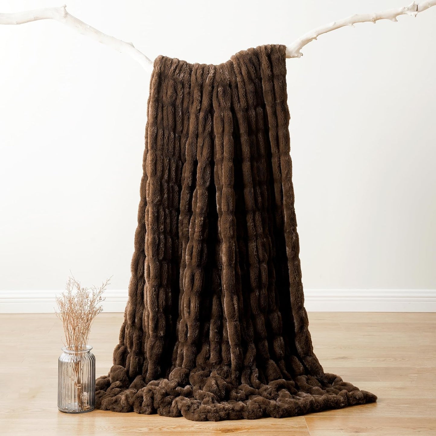 Plush Luxury Faux Rabbit Fur Bedspread Throw - Ivory, Brown & Beige Lilly & Lula