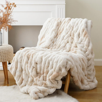 Plush Luxury Faux Rabbit Fur Bedspread Throw - Ivory, Brown & Beige Beige Marl Lilly & Lula