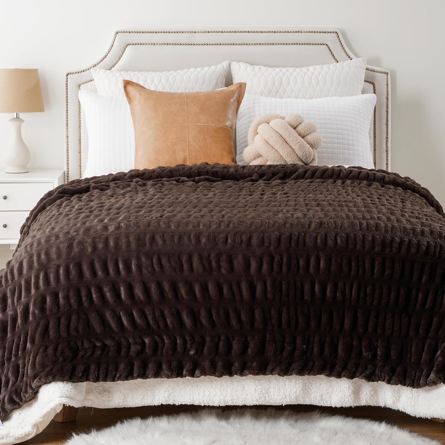 Plush Luxury Faux Rabbit Fur Bedspread Throw - Ivory, Brown & Beige Lilly & Lula