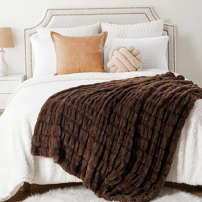 Plush Luxury Faux Rabbit Fur Bedspread Throw - Ivory, Brown & Beige Brown Lilly & Lula