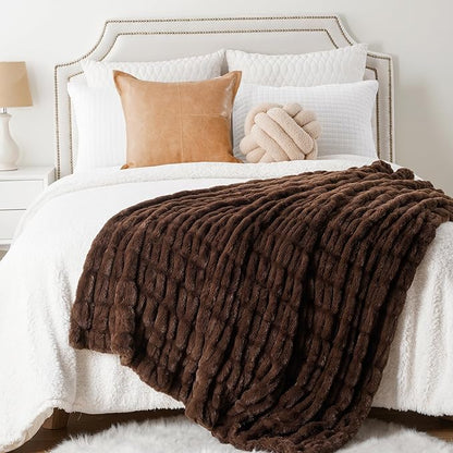 Plush Luxury Faux Rabbit Fur Bedspread Throw - Ivory, Brown & Beige Brown Lilly & Lula