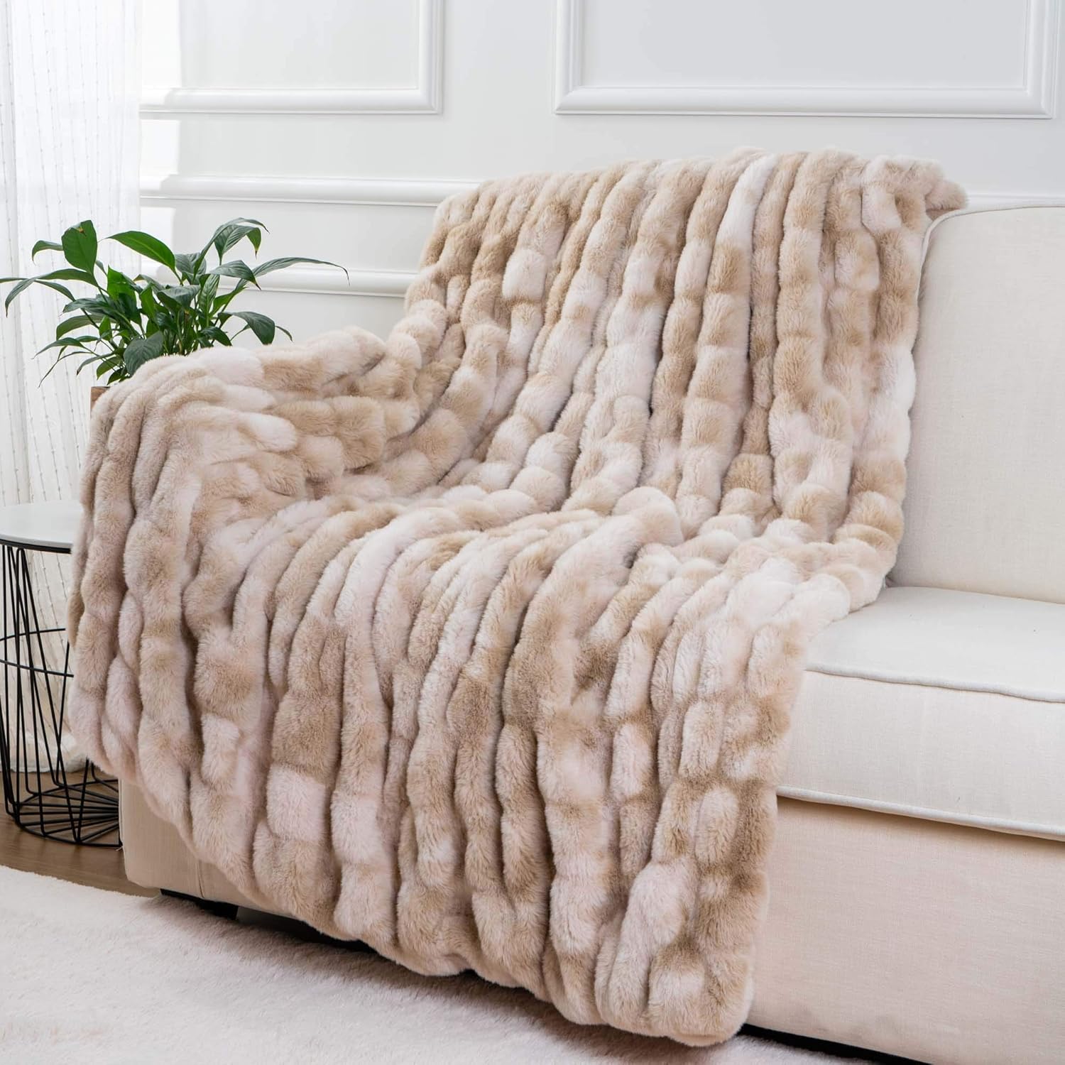 Plush Luxury Faux Rabbit Fur Bedspread Throw - Ivory, Brown & Beige Lilly & Lula