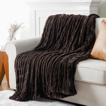 Plush Luxury Faux Rabbit Fur Bedspread Throw - Ivory, Brown & Beige Dark Brown Lilly & Lula