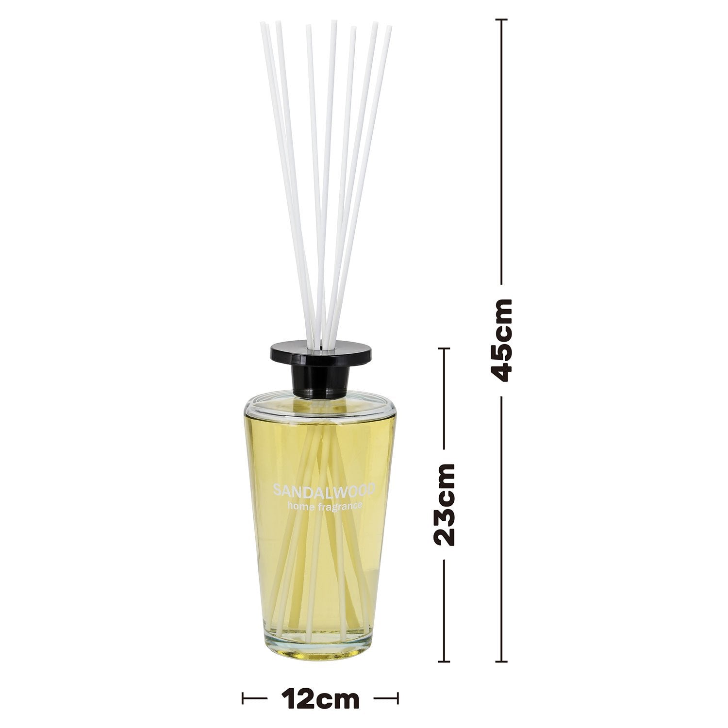 Diffuser bottle with white sticks and dimensions labeled on a white background