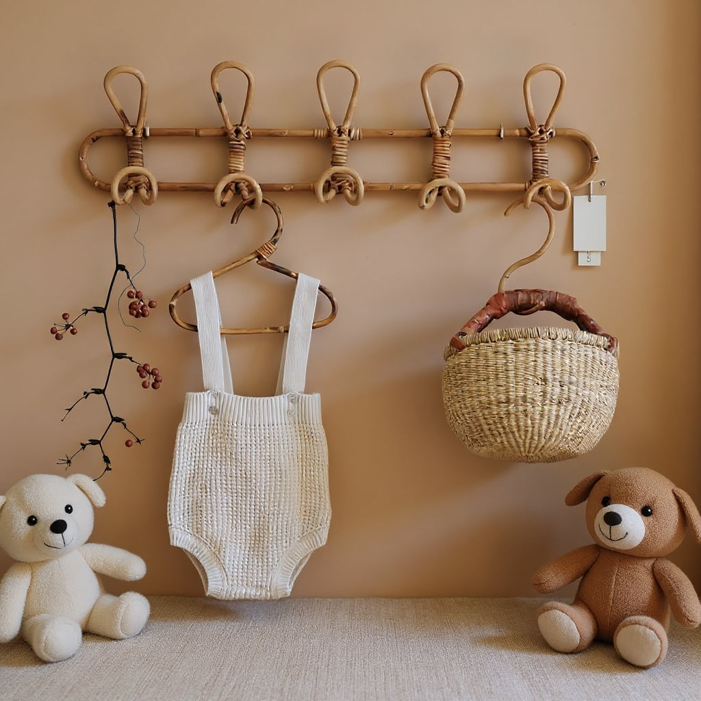 Children's Natural Rattan Wall Hook Organiser - 3 & 5 Hooks 5 hooks 58*8*20cm - Beige Lilly & Lula
