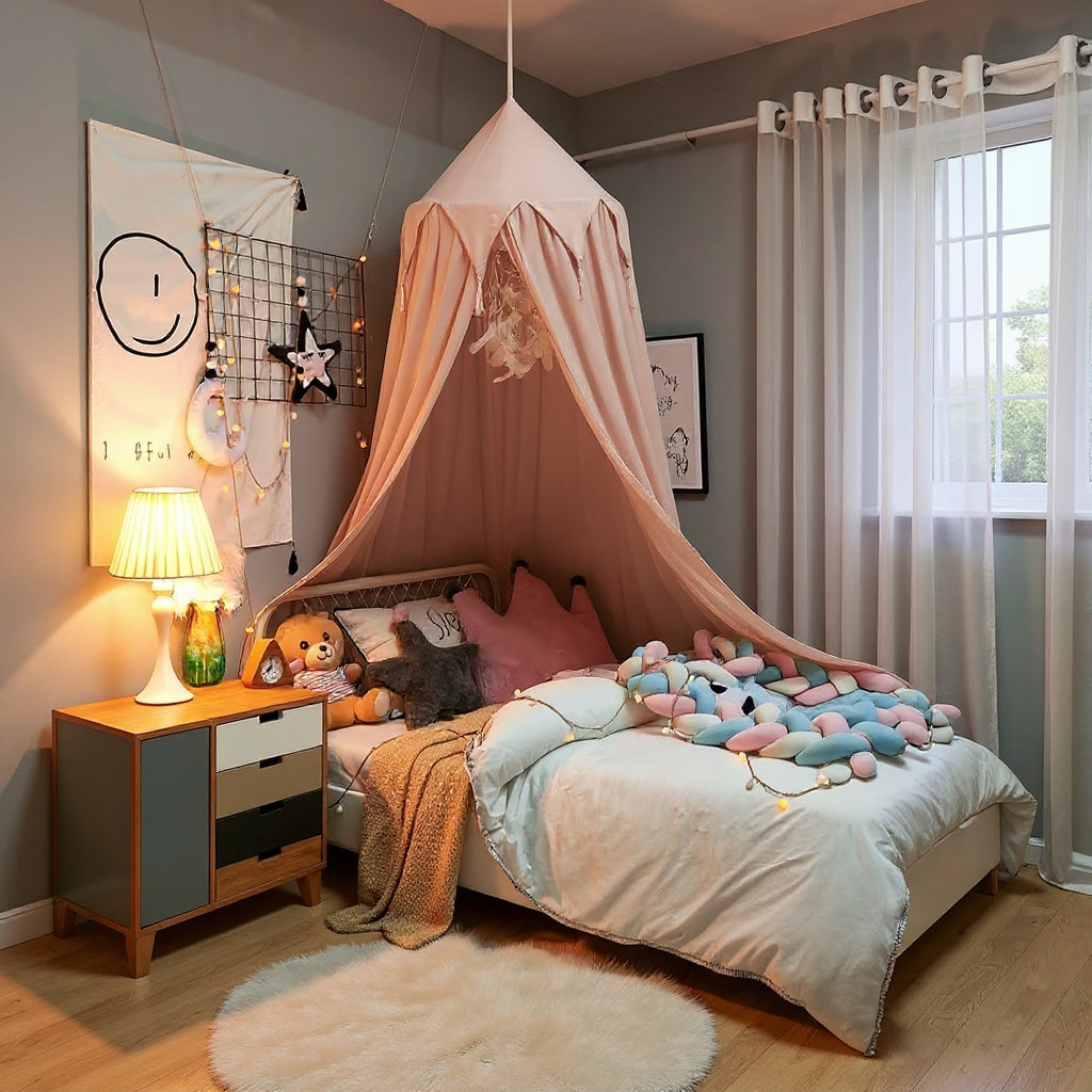 Kids Bed Canopy With Tassel & Frill Detail - White, Pink & Grey Light Pink with Tassel Lilly & Lula