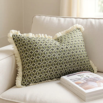 Modern Decorative Green Jacquard Geometric Cushion Cover with Frill - 3 Sizes 30x50cm Lilly & Lula