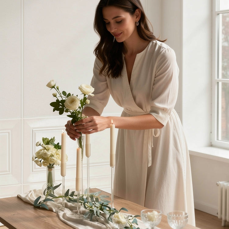 Woman in a white robe arranging flowers on a table in a bright room.