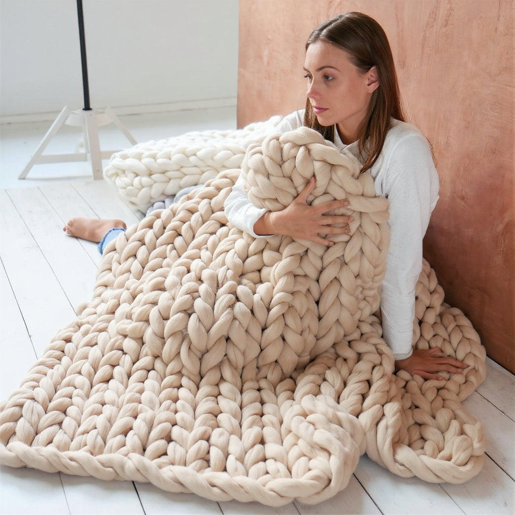 Chunky Knitted Merino Wool Blanket Throw - 8 Colours Beige Lilly & Lula
