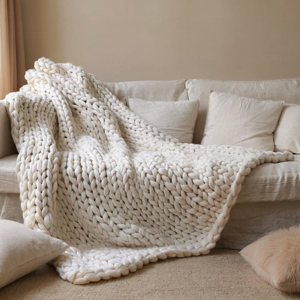 Chunky Knitted Merino Wool Blanket Throw - 8 Colours White Lilly & Lula