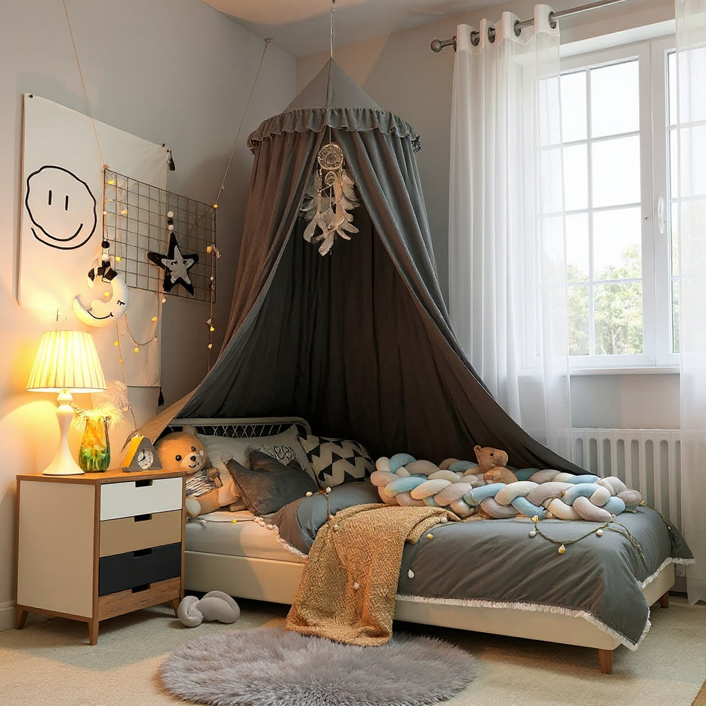 Kids Bed Canopy With Tassel & Frill Detail - White, Pink & Grey Lilly & Lula