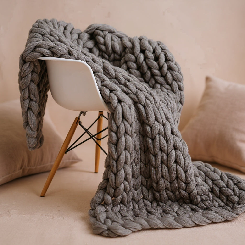 Chunky Knitted Merino Wool Blanket Throw - 8 Colours Grey Lilly & Lula