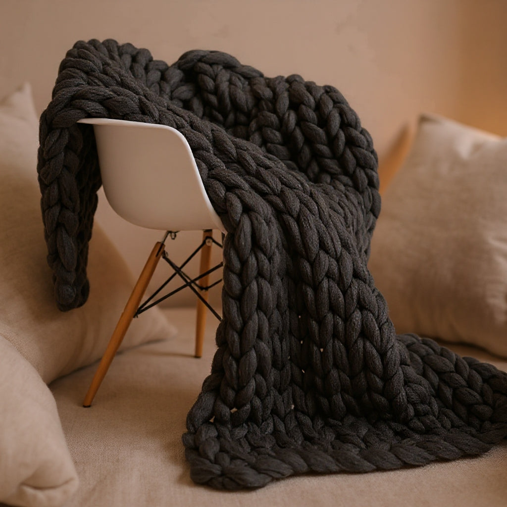 Chunky Knitted Merino Wool Blanket Throw - White