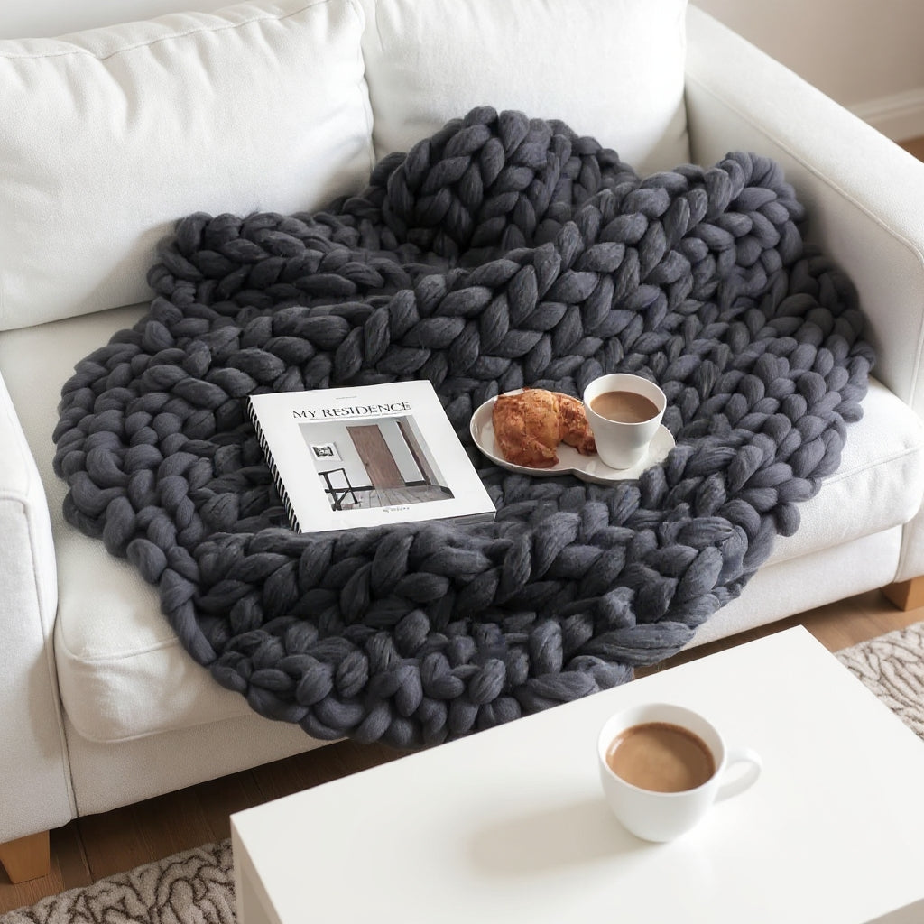 Chunky Knitted Merino Wool Blanket Throw - 8 Colours Dark Grey Lilly & Lula