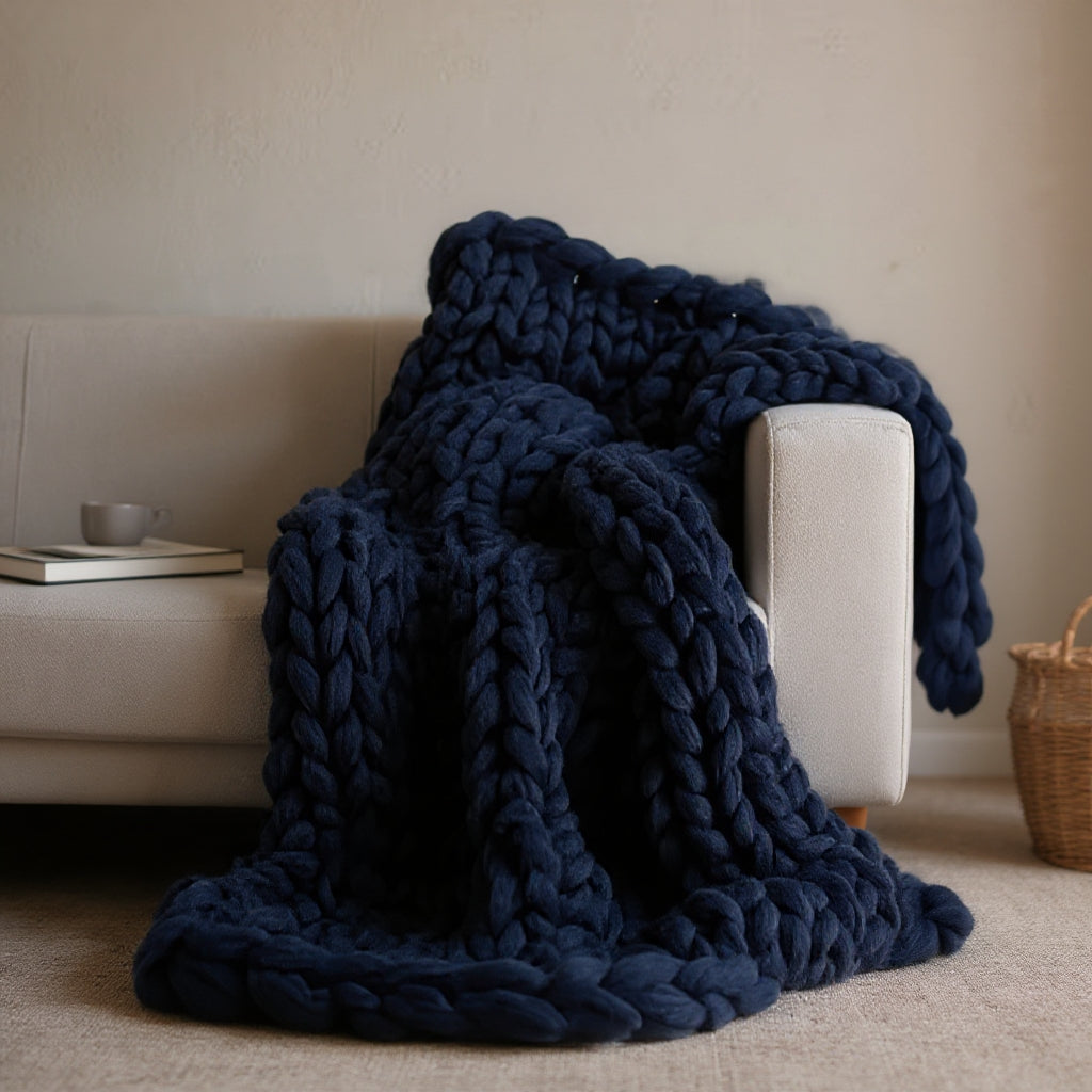 Chunky Knitted Merino Wool Blanket Throw - 8 Colours Dark Blue Lilly & Lula