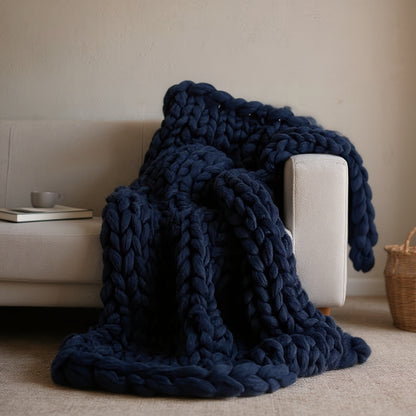 Chunky Knitted Merino Wool Blanket Throw - 8 Colours Dark Blue Lilly & Lula