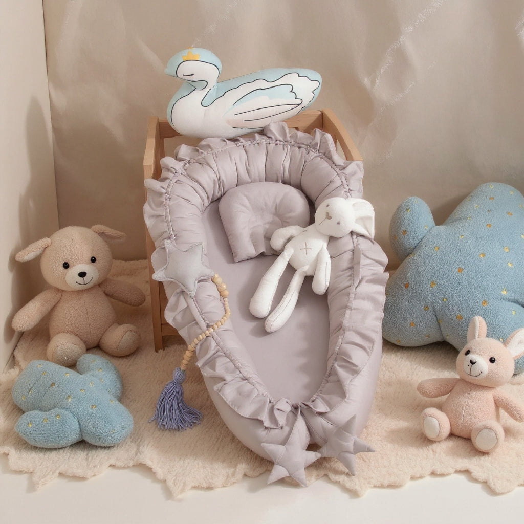 Portable Padded Lounger Baby Nest Pod & Bed with Frill Detail - 6 Colours Grey 88*50cm Lilly & Lula