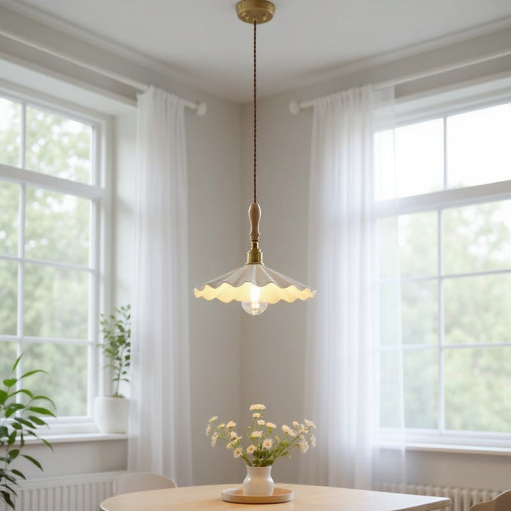 Scandinavian Ceramic LED Hanging Ceiling Pendant Light Fixture - White Wired Cord & Wood Fixture Lilly & Lula
