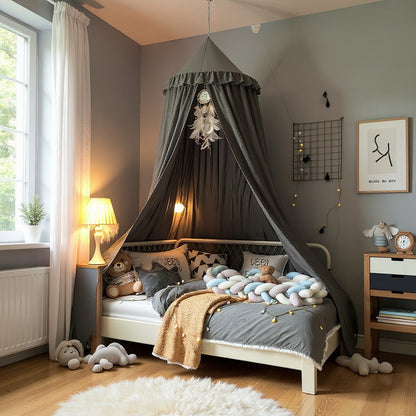 Kids Bed Canopy With Tassel & Frill Detail - White, Pink & Grey Grey with Ruffle Lilly & Lula