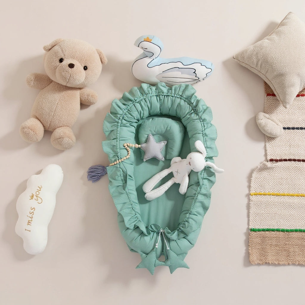 Portable Padded Lounger Baby Nest Pod & Bed with Frill Detail - 6 Colours Green 88*50cm Lilly & Lula