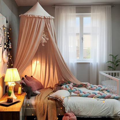 Kids Bed Canopy With Tassel & Frill Detail - White, Pink & Grey Light Pink with Ruffle Lilly & Lula