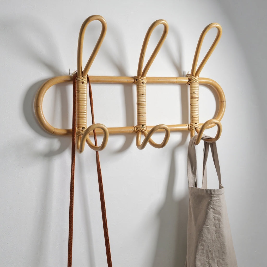 Children's Natural Rattan Wall Hook Organiser - 3 & 5 Hooks 3 hooks 40*8*20cm - Beige Lilly & Lula