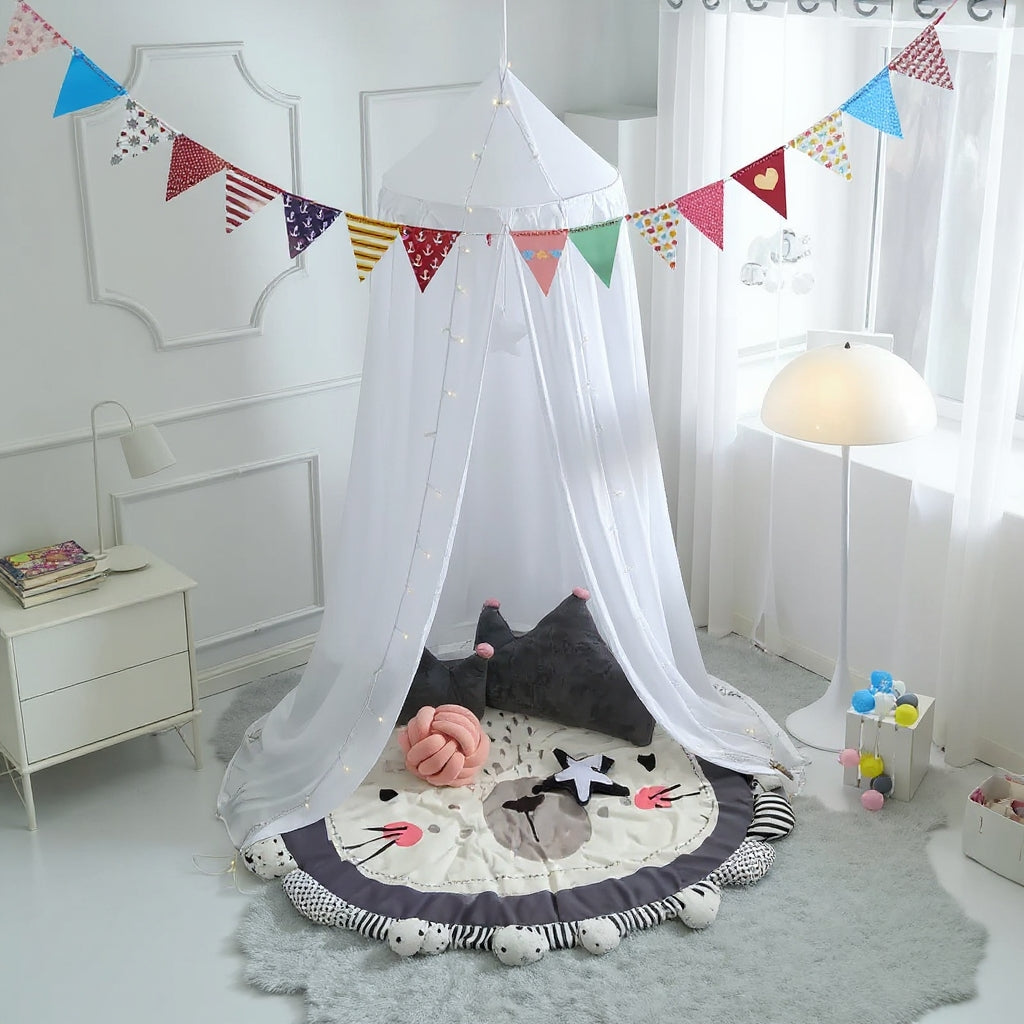 Kids Bed Canopy With Tassel & Frill Detail - White, Pink & Grey White with Tassel Lilly & Lula
