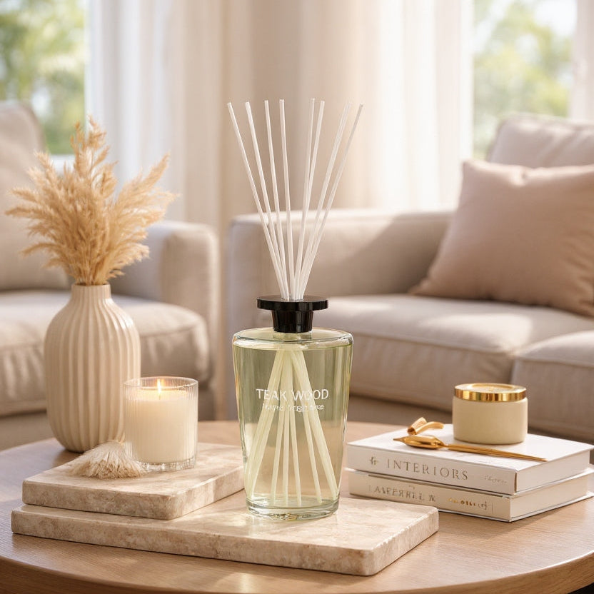 Decorative items on a coffee table in a living room setting