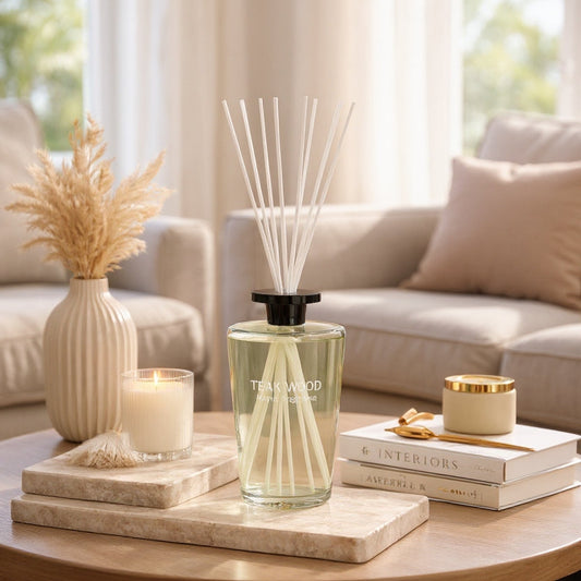 Decorative items on a coffee table in a living room setting