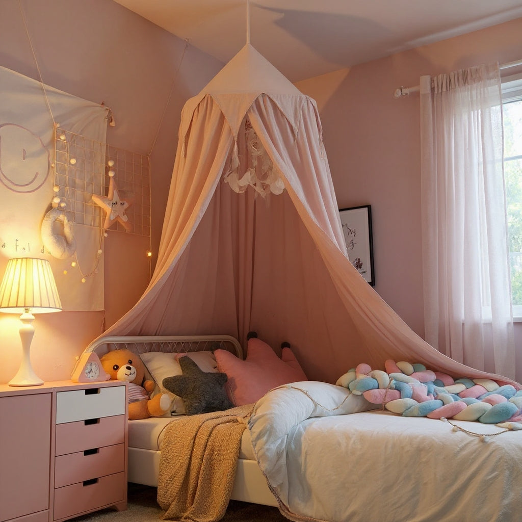 Kids Bed Canopy With Tassel & Frill Detail - White, Pink & Grey Lilly & Lula